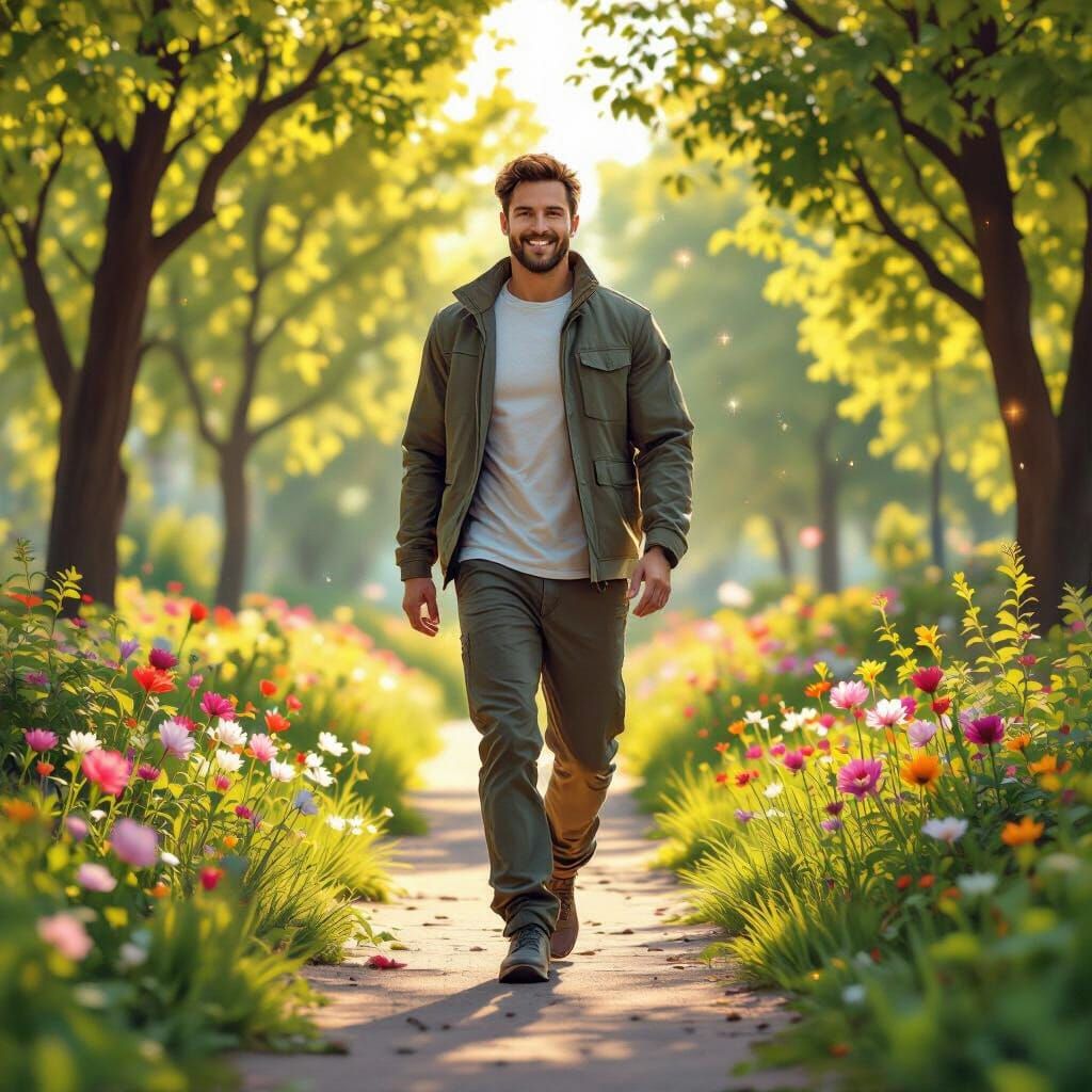 Confident Man Walking in Park with 3D Effects