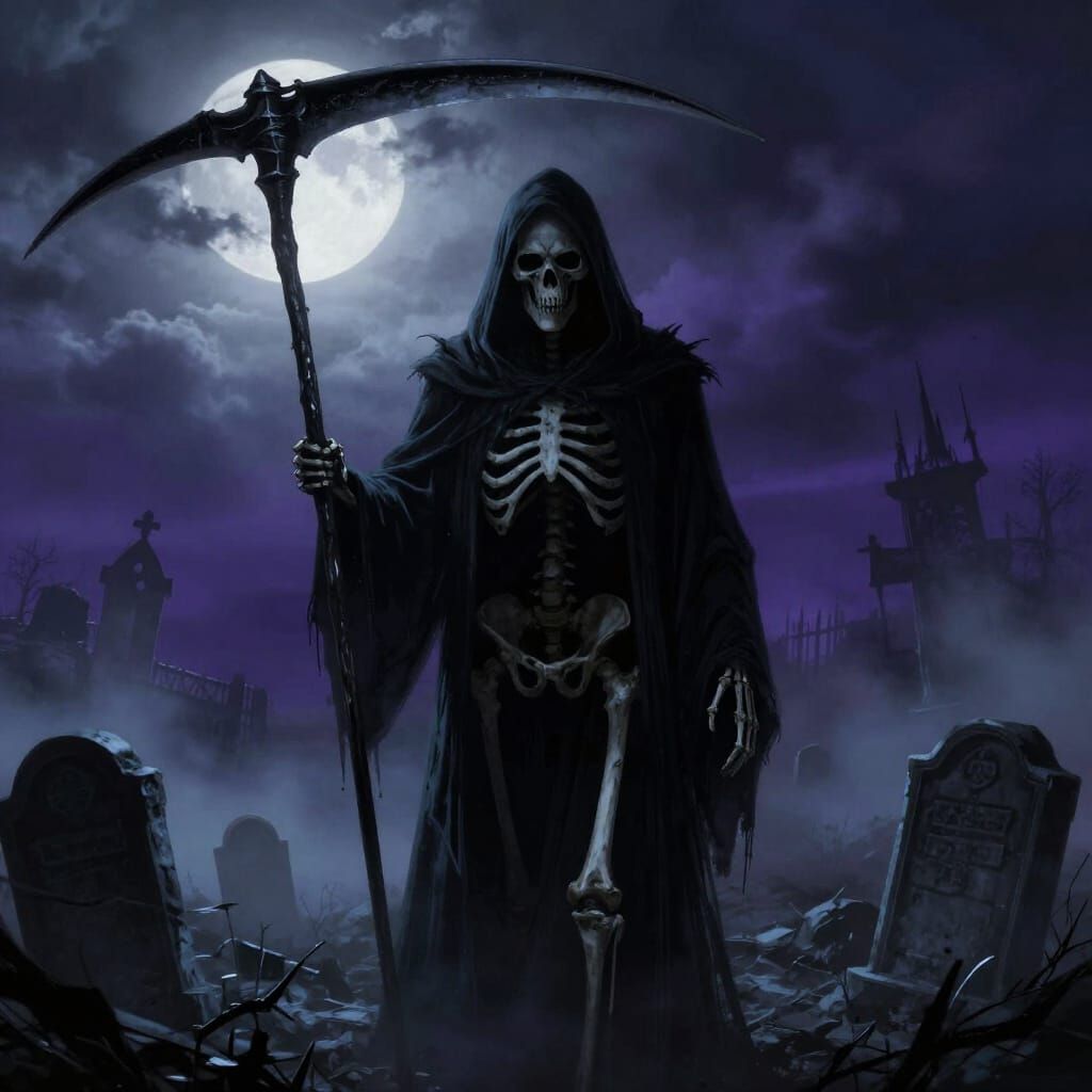 Grim Reaper in Foggy Graveyard, Dark Fantasy Illustration
