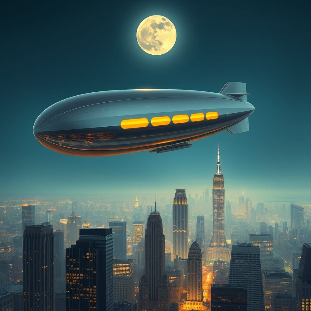 Vintage Futuristic Zeppelin Soars Over Art Deco Metropolis a...