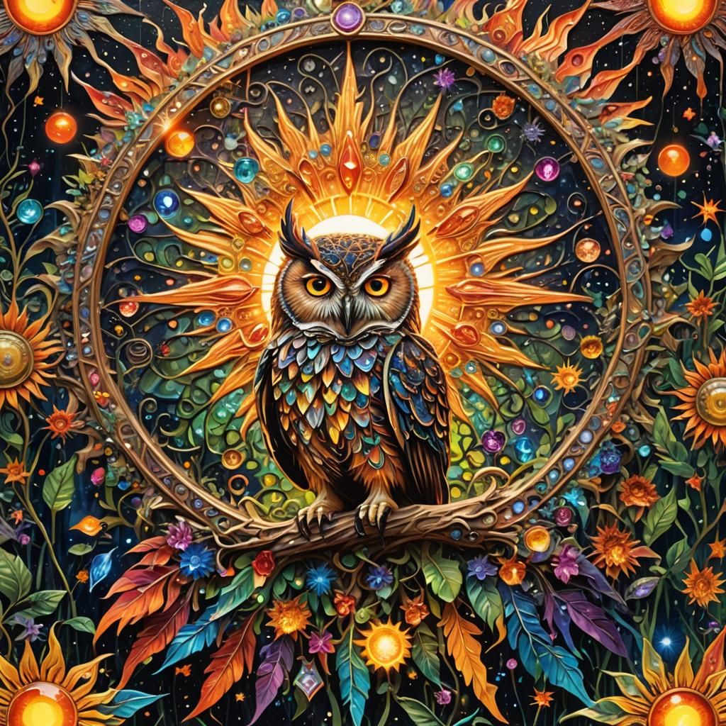 Enchanted Sun with Owl in Paradise Garden