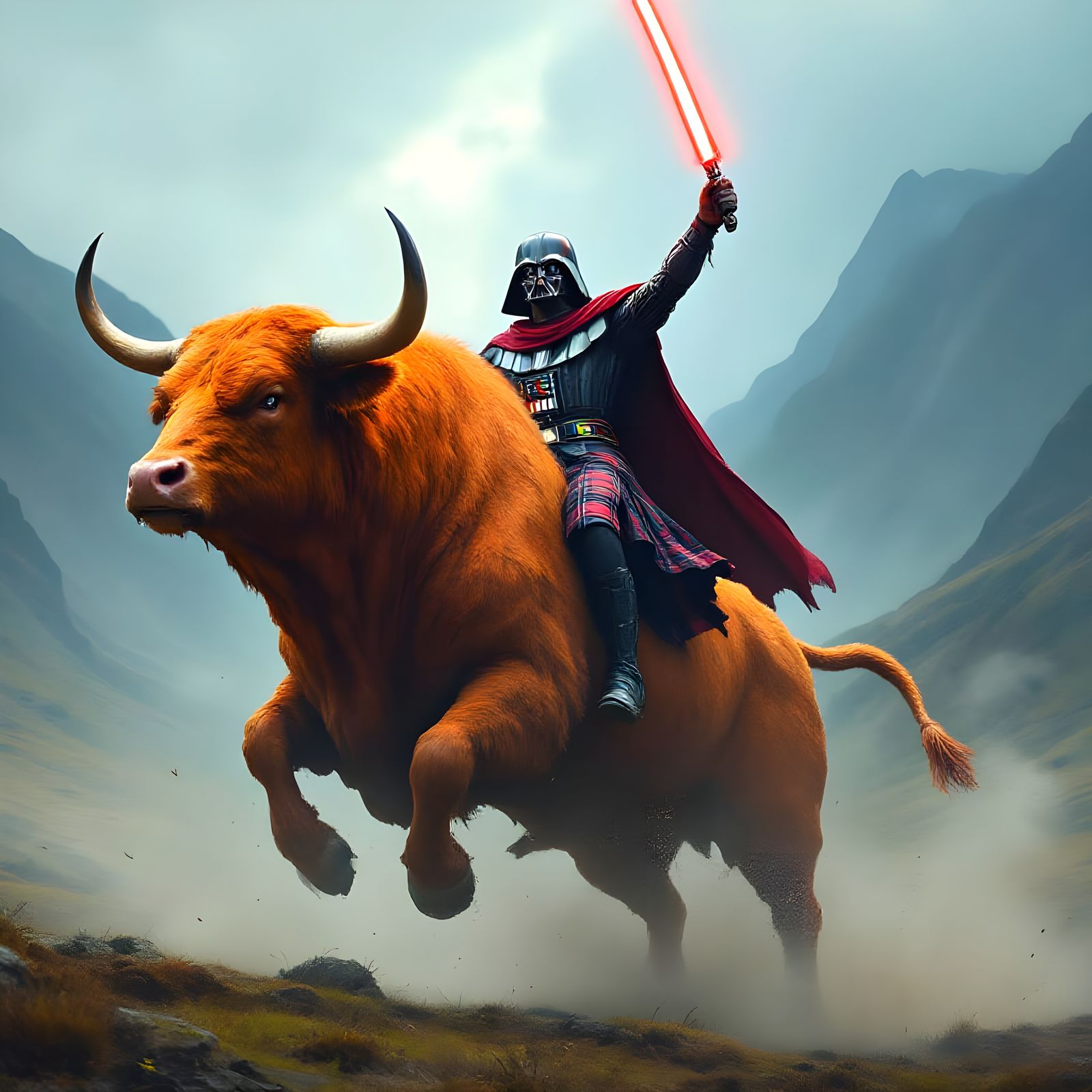 Darth Vader Rides Highland Bull in Scottish Landscape