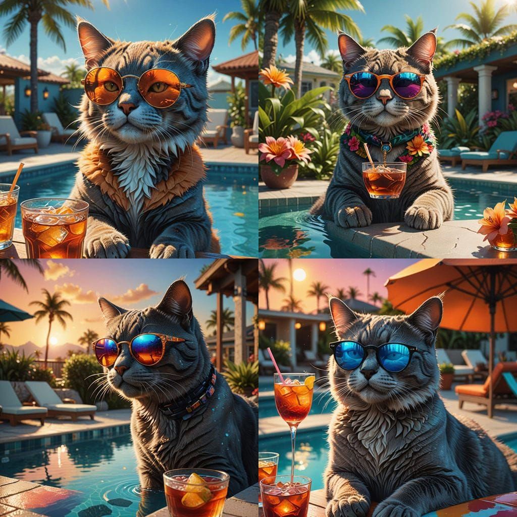 Cat with Sunglasses Enjoying Poolside Cocktail