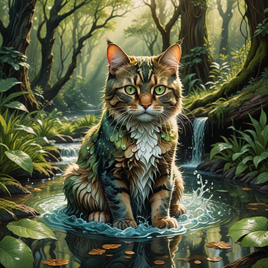 Surreal Water Cat in Sunlit Forest