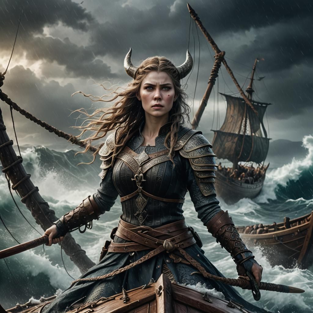 Viking Woman on Longship in Dramatic Lighting