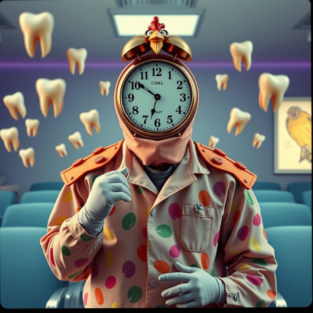 Surreal Dentist in Hazmat Suit with Rubber Chicken Epaulette...