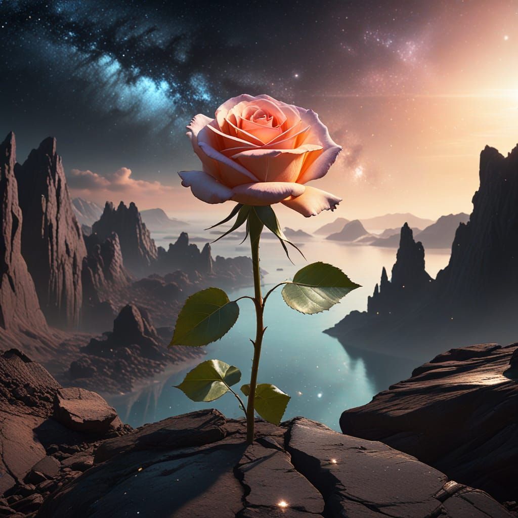 Giant Luminous Rose Blooms on Rocky Island in Nebula