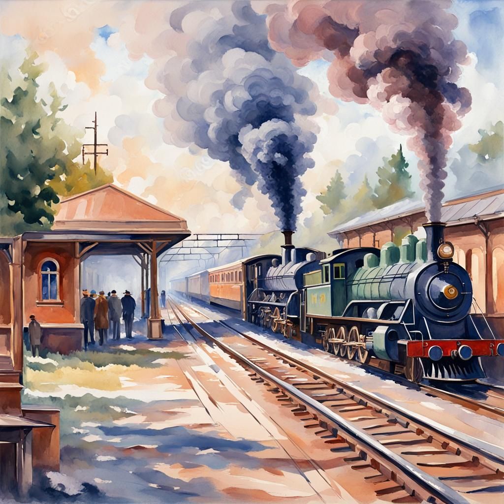 Steam Trains in Station as Gouache Painting