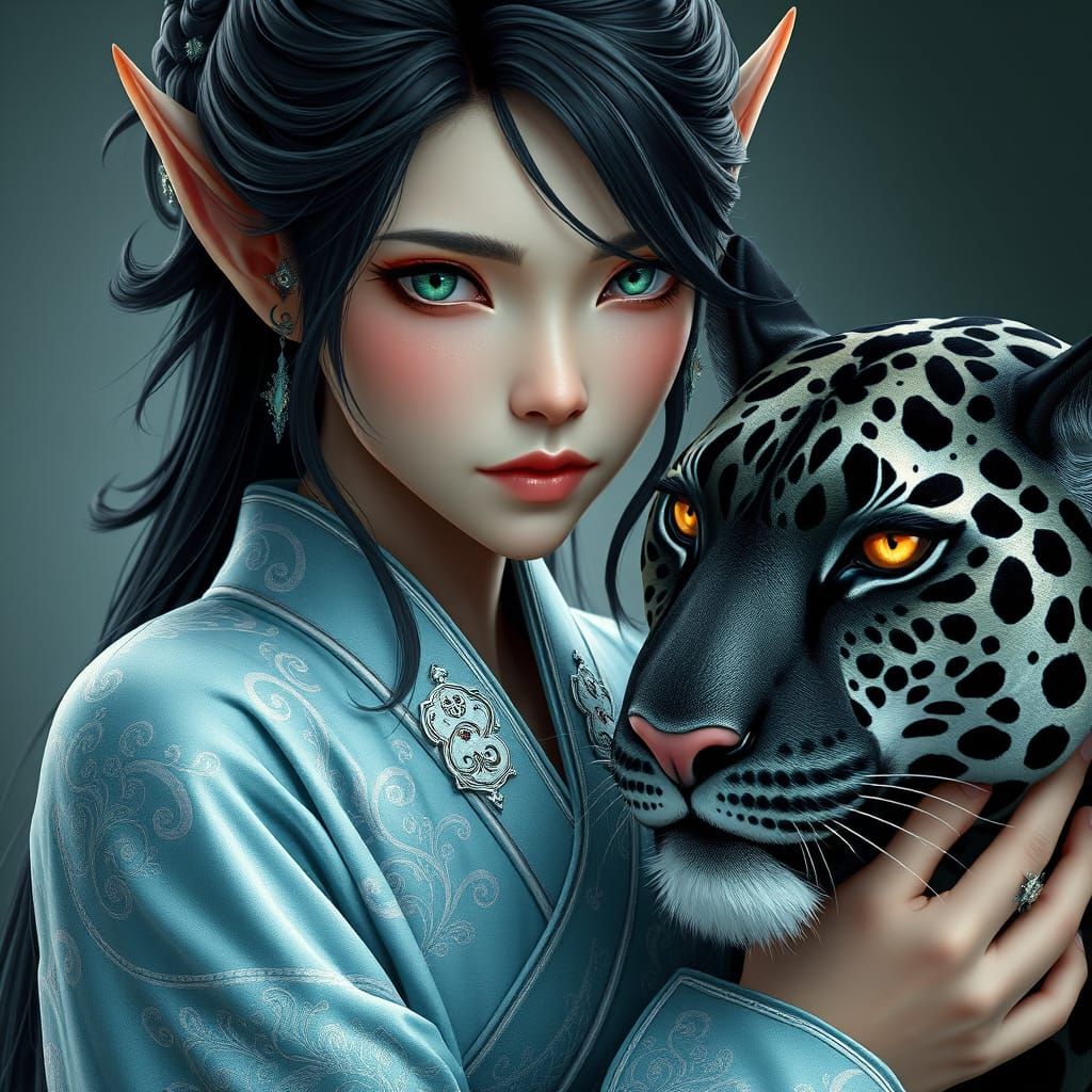 Ethereal Elf Woman Petting a Majestic Black Jaguar in Ancien...