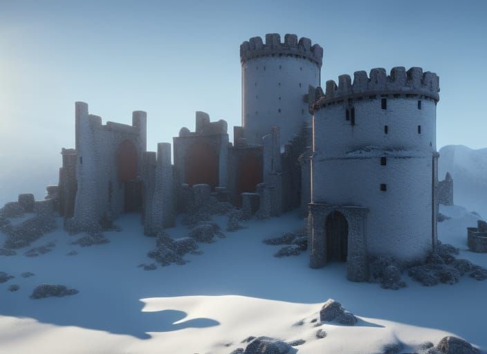 Snowy Medieval Castle Ruins at Golden Hour