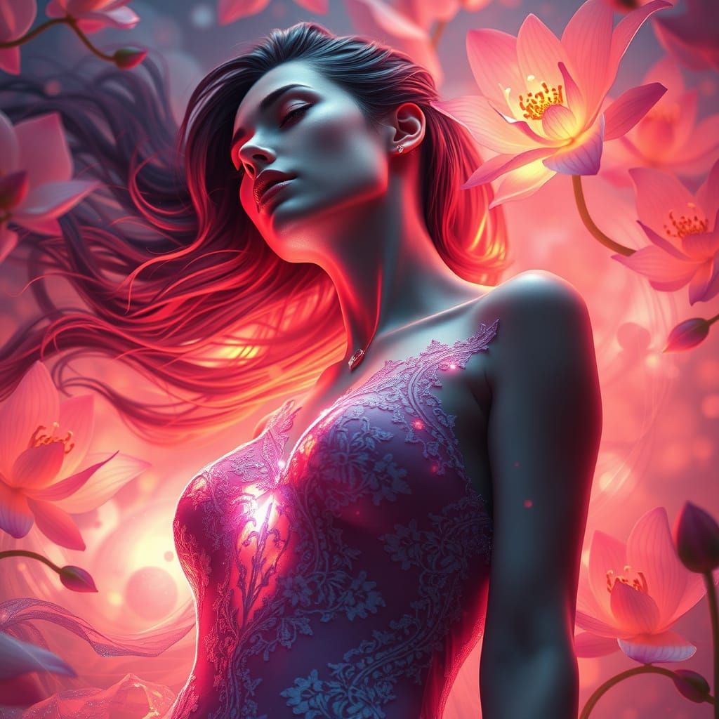 Woman in Lace Dress with Flowing Energy