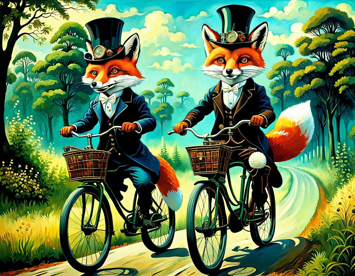Steampunk Foxes on a Bike: An Oil Painting