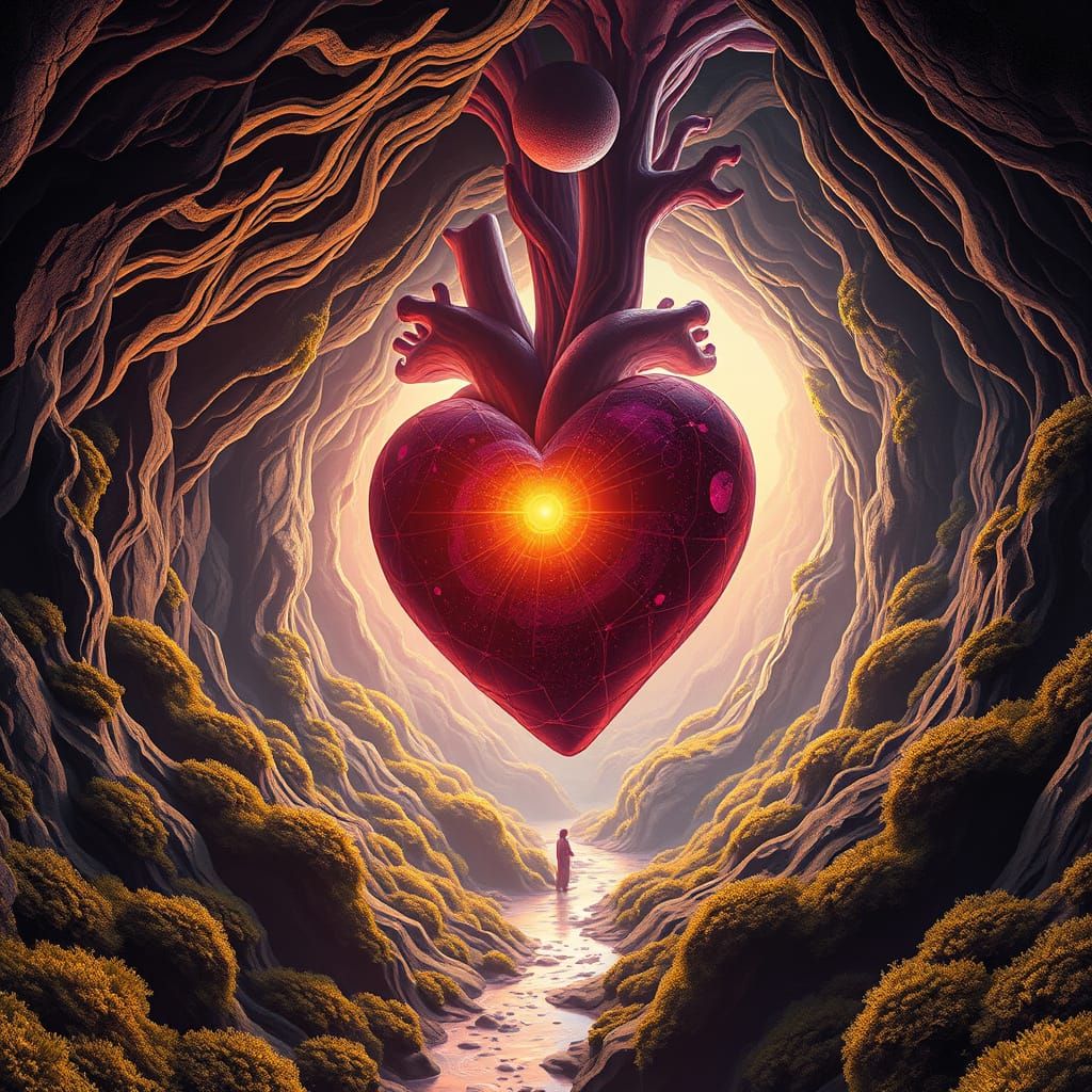 Inverted Heart in a Surreal Geometric Landscape