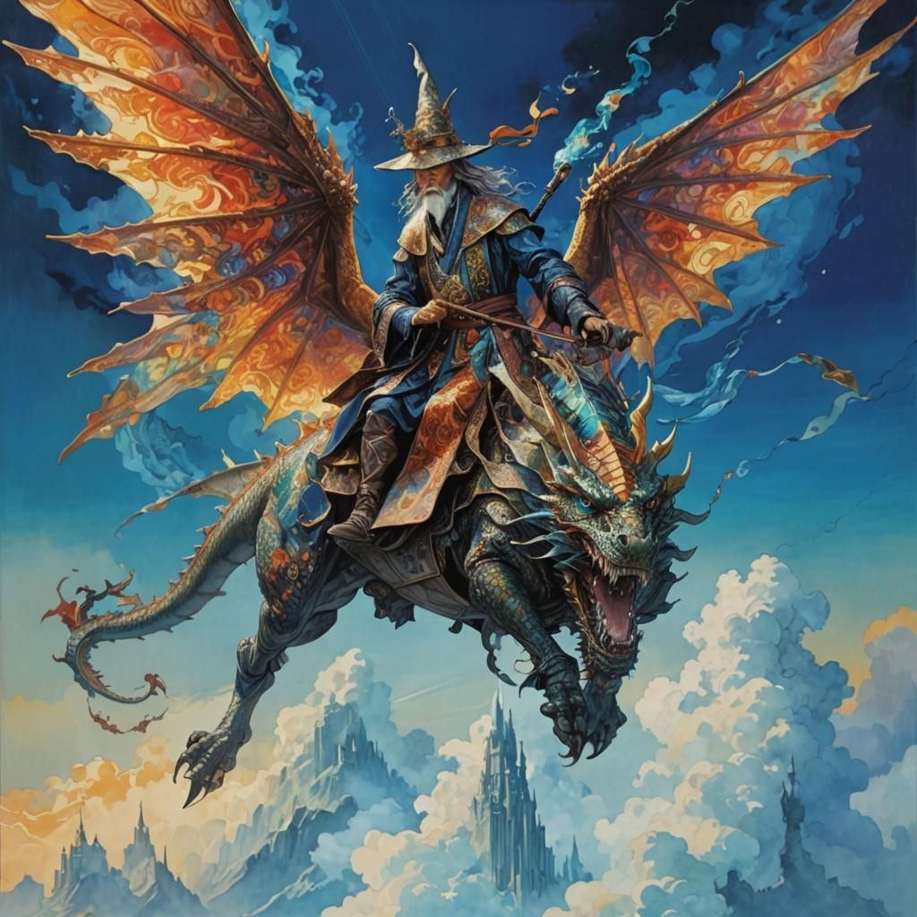 Wizard on Dragon in Iridescent Magical Realism