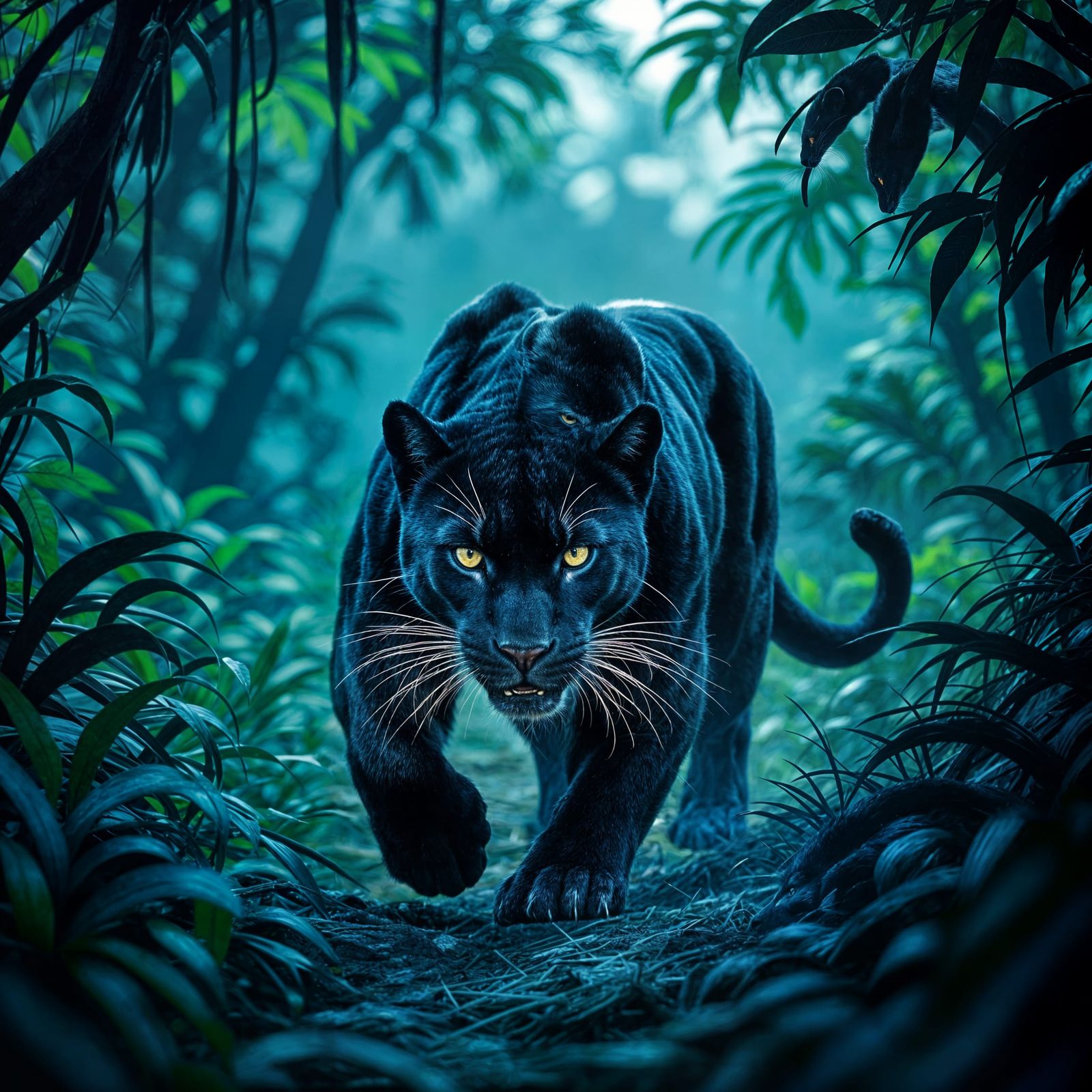 Black Panther Stalking Through Dense Jungle