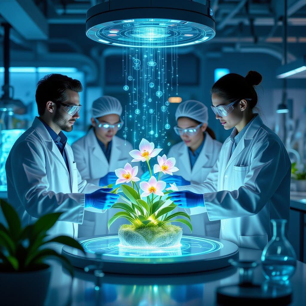 Bioluminescent Alien Orchids in Futuristic Lab: Digital Art