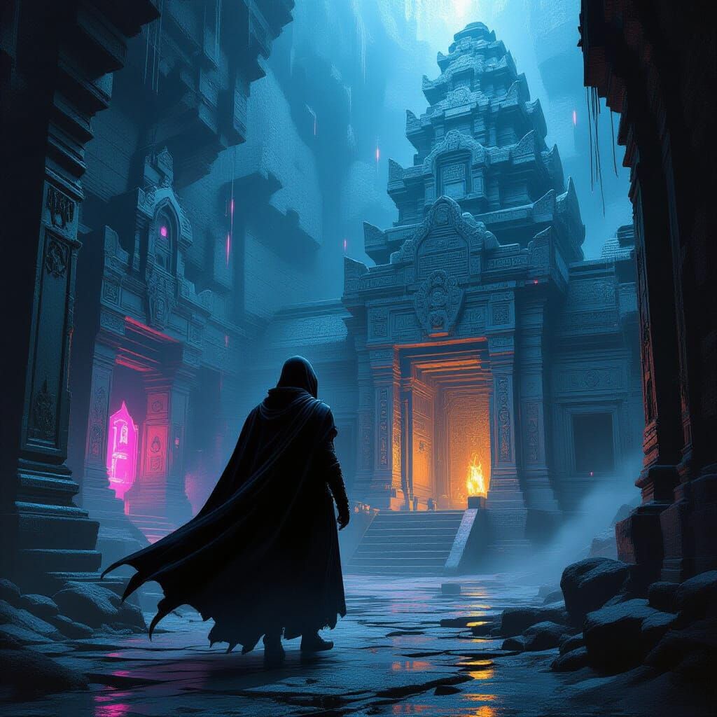 Ghostly Explorer in Ancient Temple Ruins
