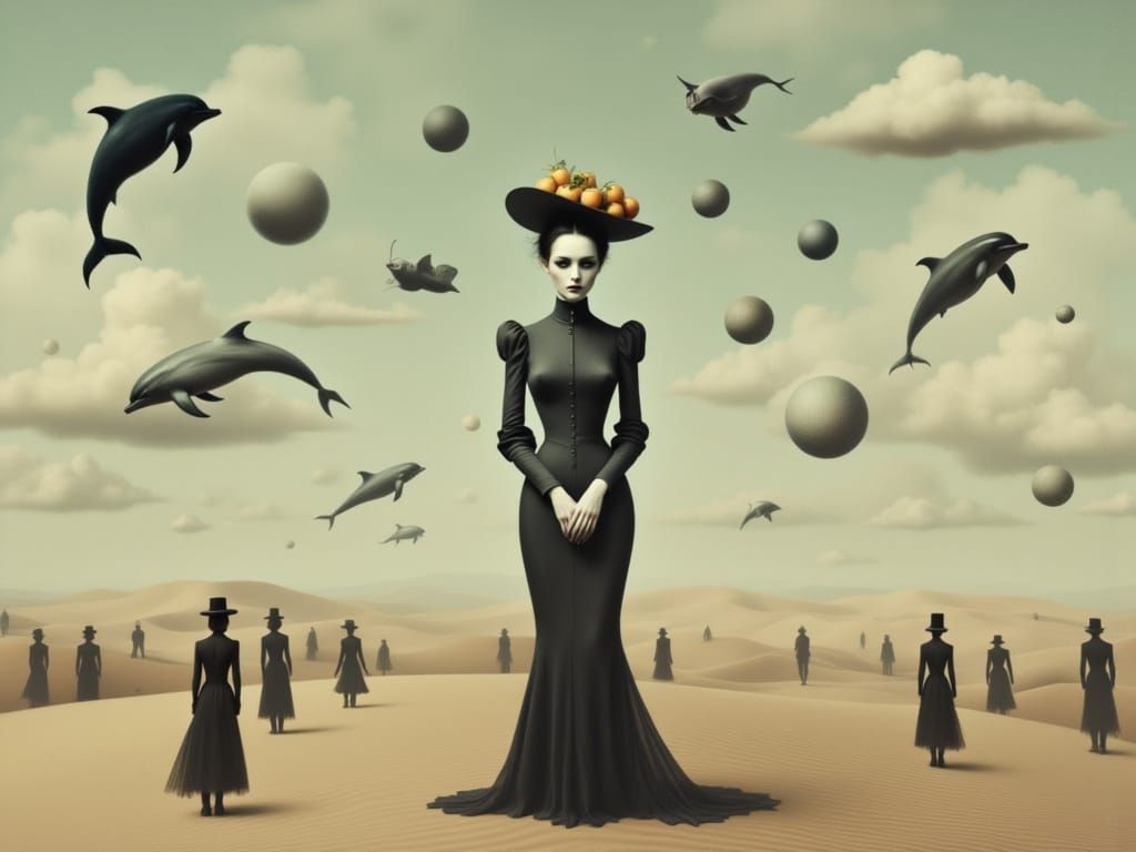 Surreal Desert Dreamscape with a Victorian Woman and Floatin...