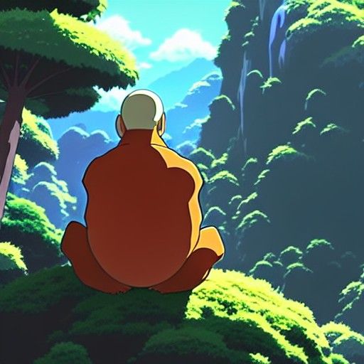 Gorilla Monk in Ghibli Anime Style at Dawn