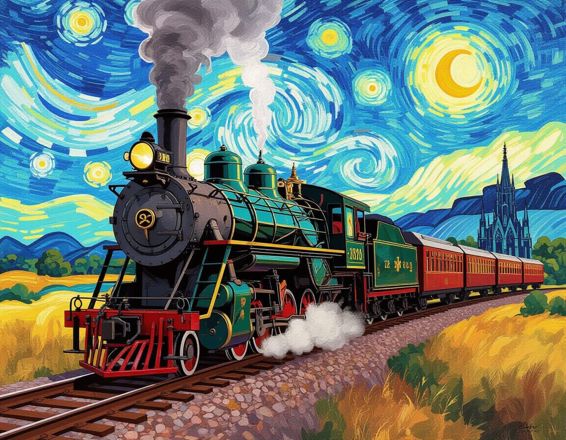 Art Deco Train in a Van Gogh Landscape