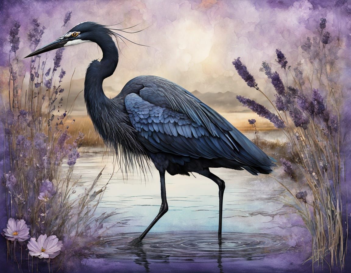 Mystical Black Heron in Lavender Salt Marsh