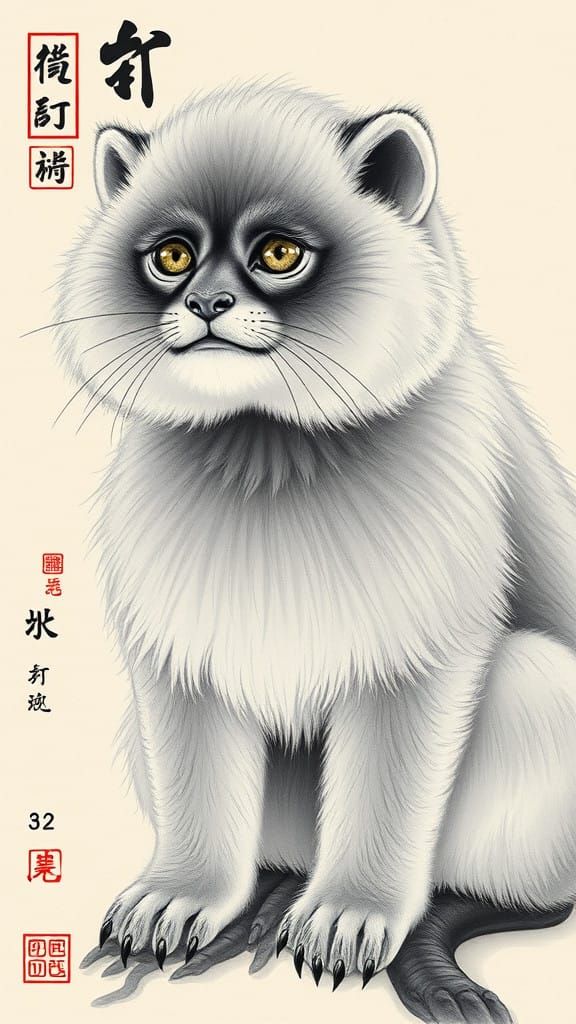 Vibrant Grey Manul Feline in Traditional Chinese Poster Styl...