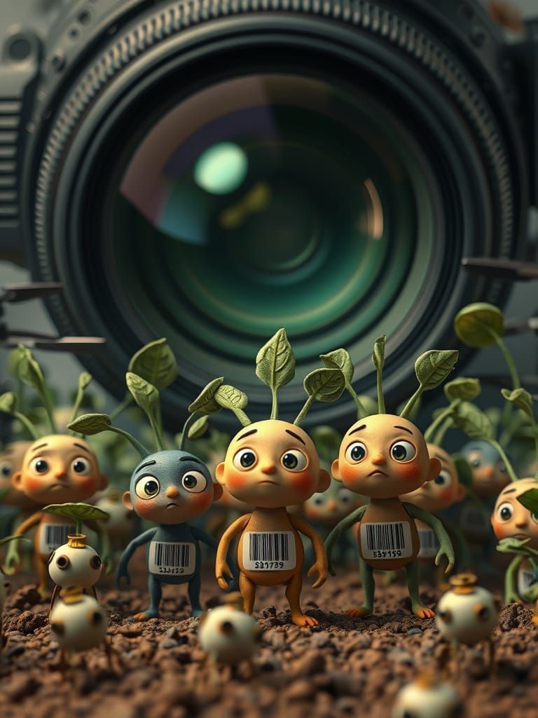 Claymation Figures Peer into Giant Lens