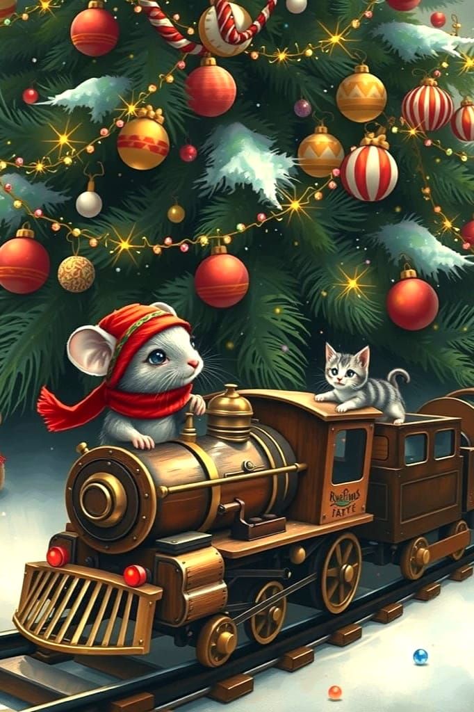 Victorian Christmas Train with Mouse and Kitten