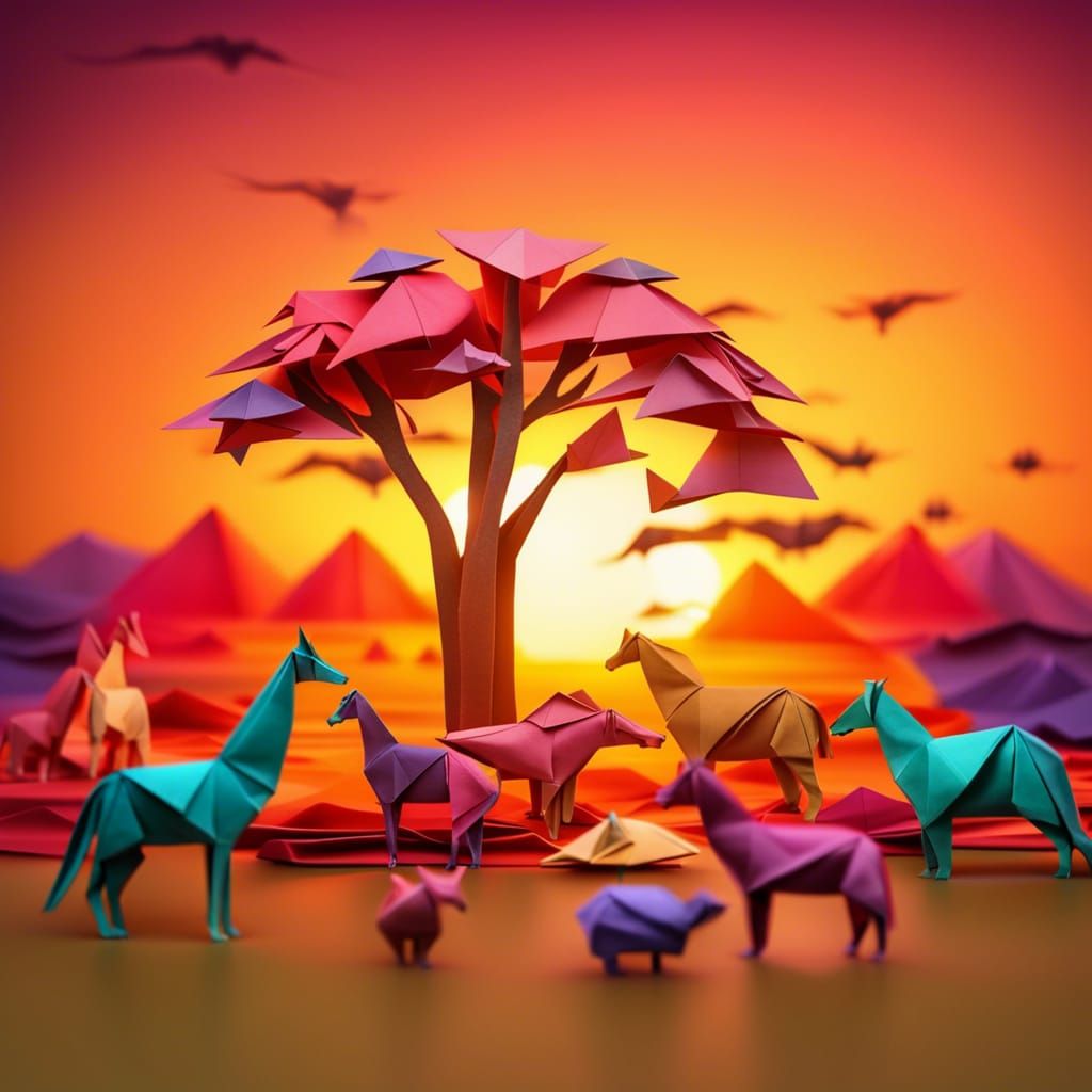 Colorful Origami Sunset Over African Plains