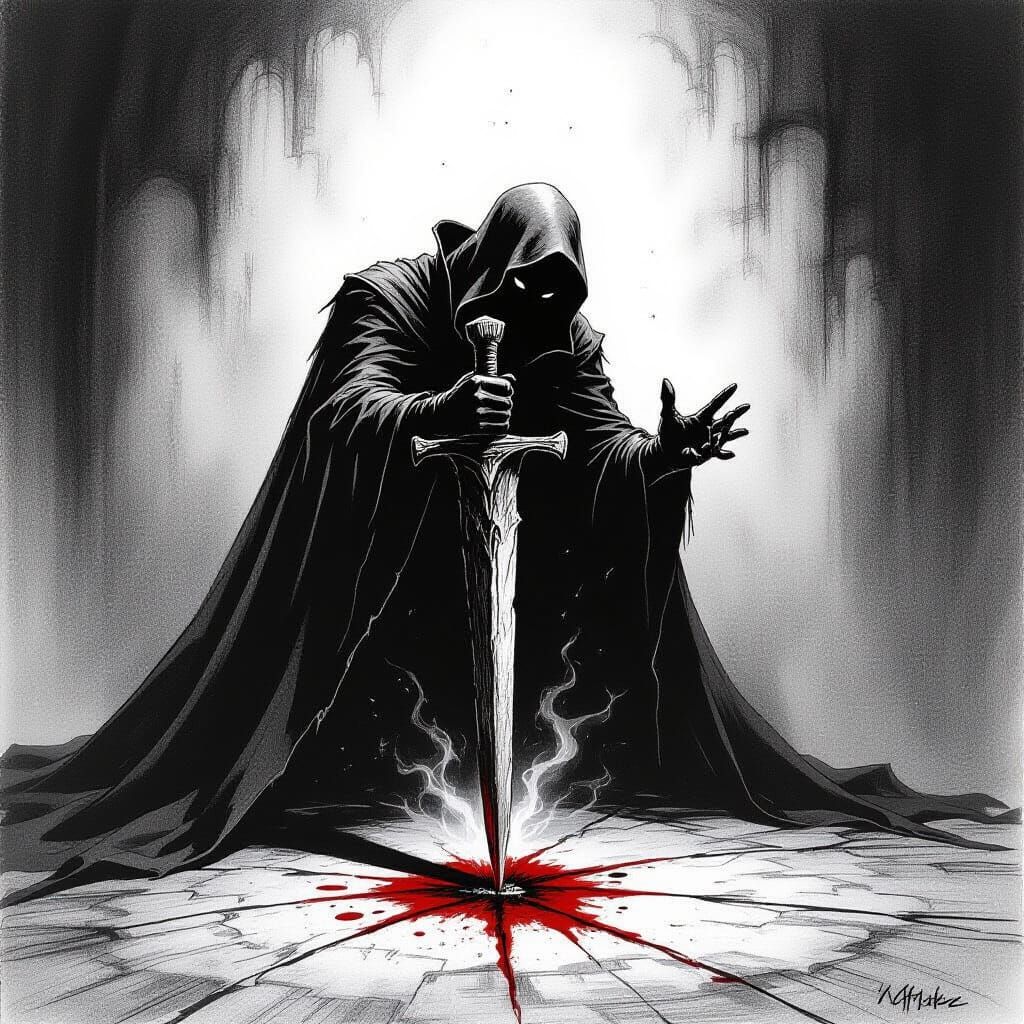 Surreal Wooden Stake Impales Vampire in Pencil Drawing Style