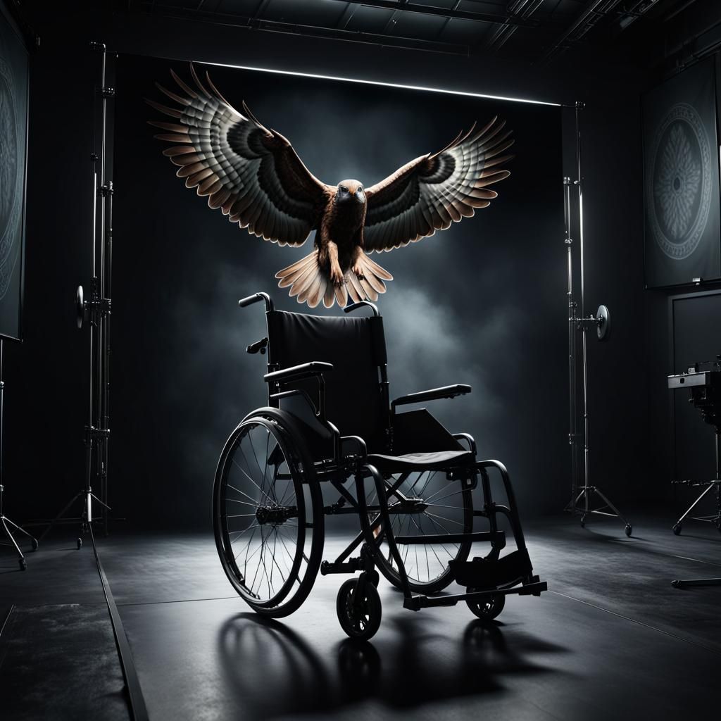 Empty Wheelchair and Hawk in Dark Room