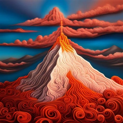 Portrain paper quilling airbrush quality 3D paper sculpture of a realistic exploding Mt. MAYON volcano, 64K, hyper-detai...