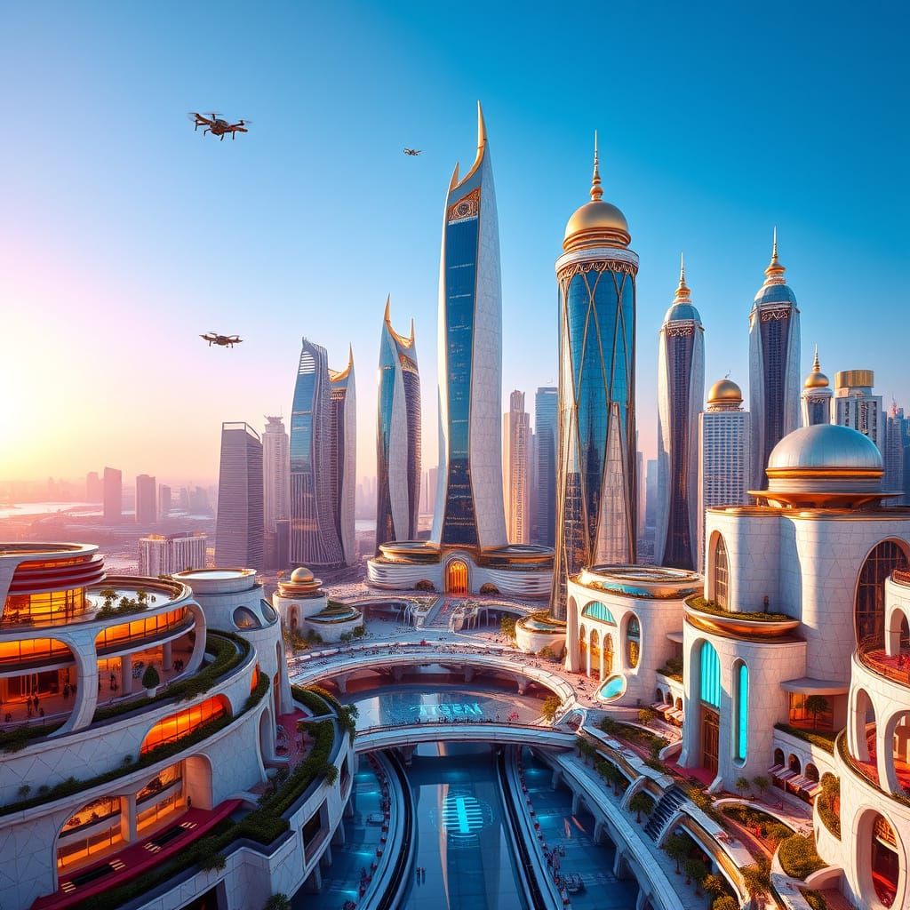 Cyberpunk Cityscape under a Cerulean Sky