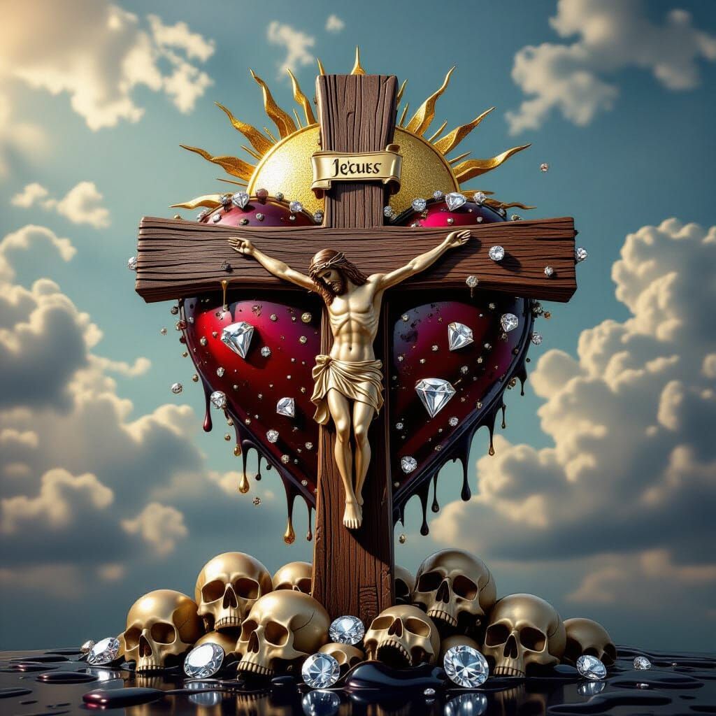 Realistic Hearts, Skulls, and Diamonds with a Wood Cross