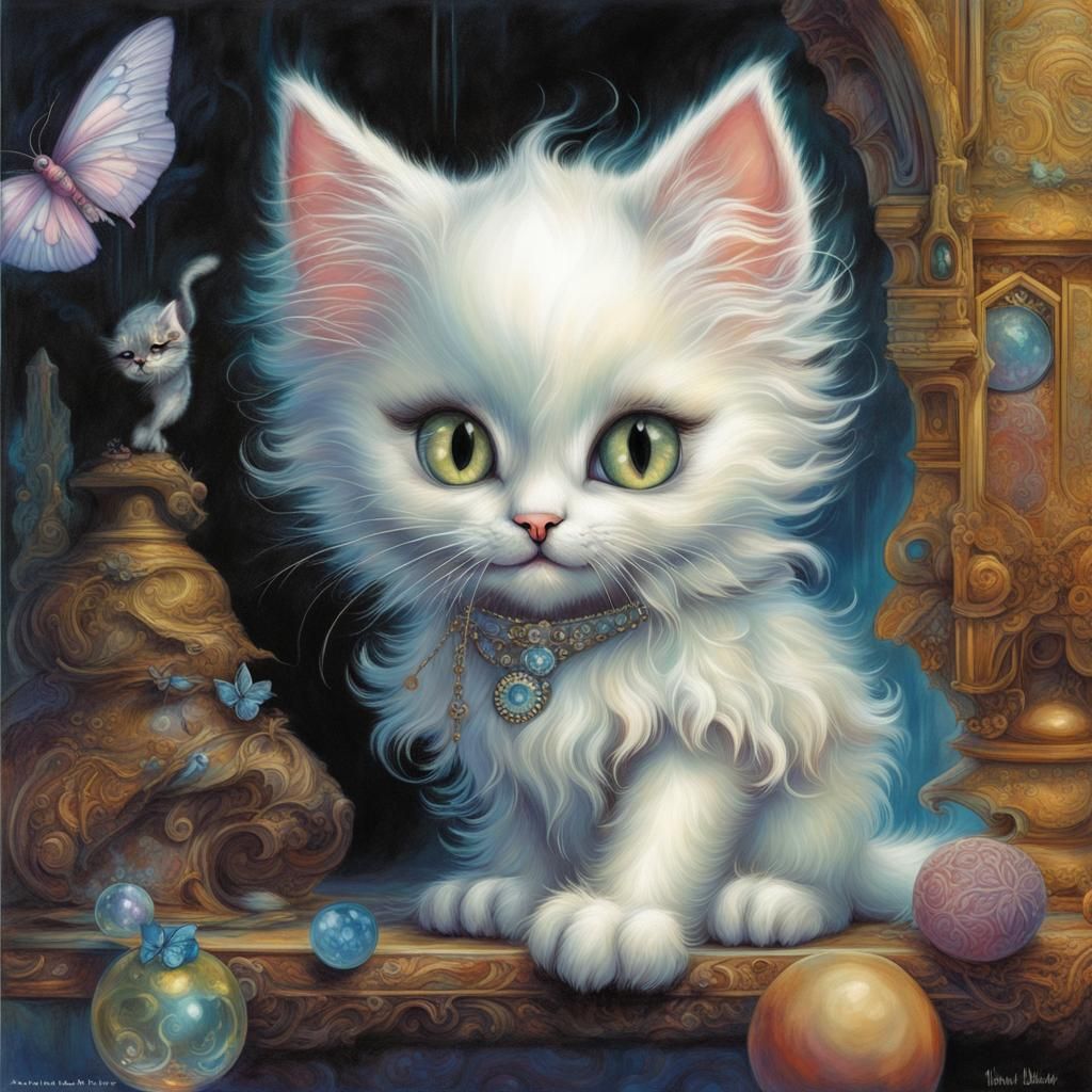Fluffy Kitten in Illustrative Fantasy Style