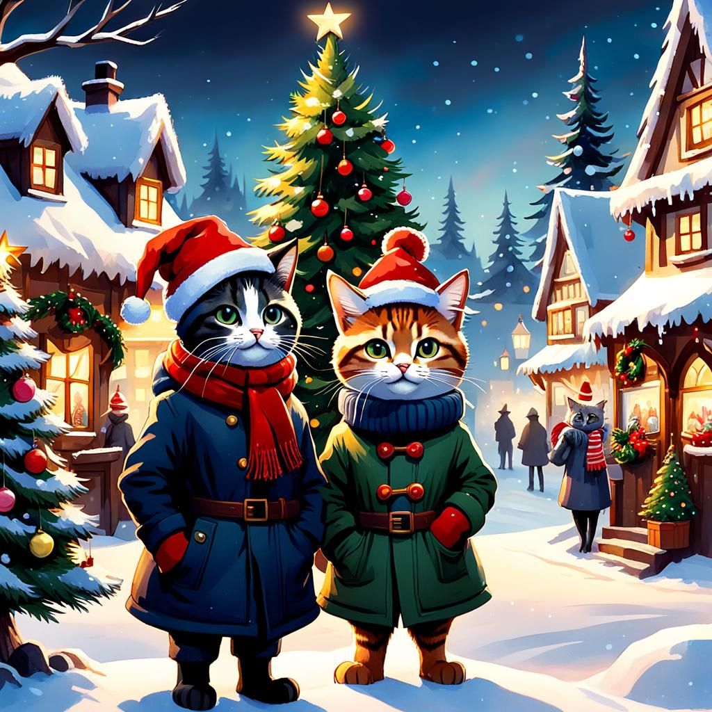 Cats in Christmas Village: Post-Impressionist Style