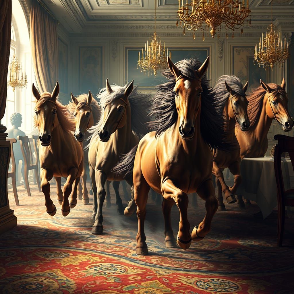 Centaurs Stampede Through Dining Room: Hyperrealistic Art