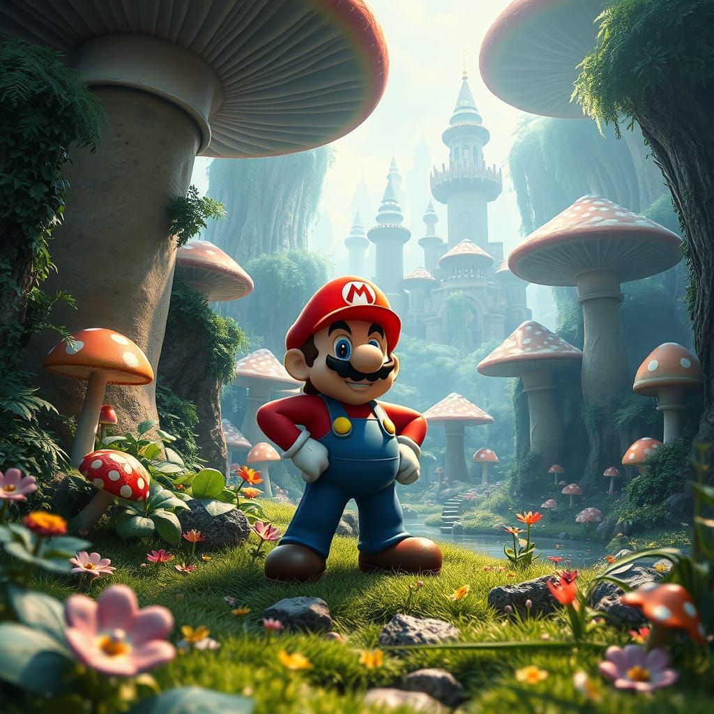 Heroic Super Mario in Whimsical Mushroom Kingdom