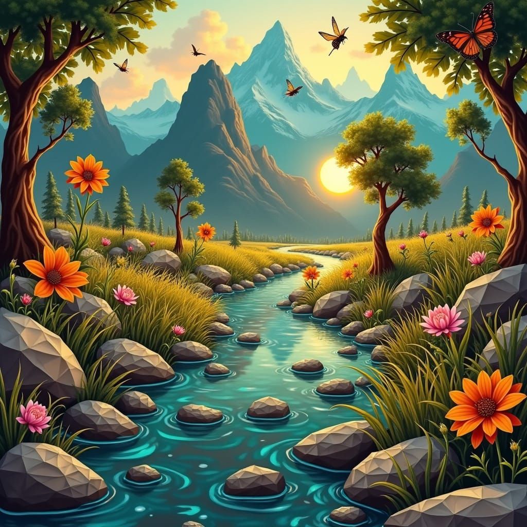 Vibrant Faceted Gemstone Landscape in Earthy Tones