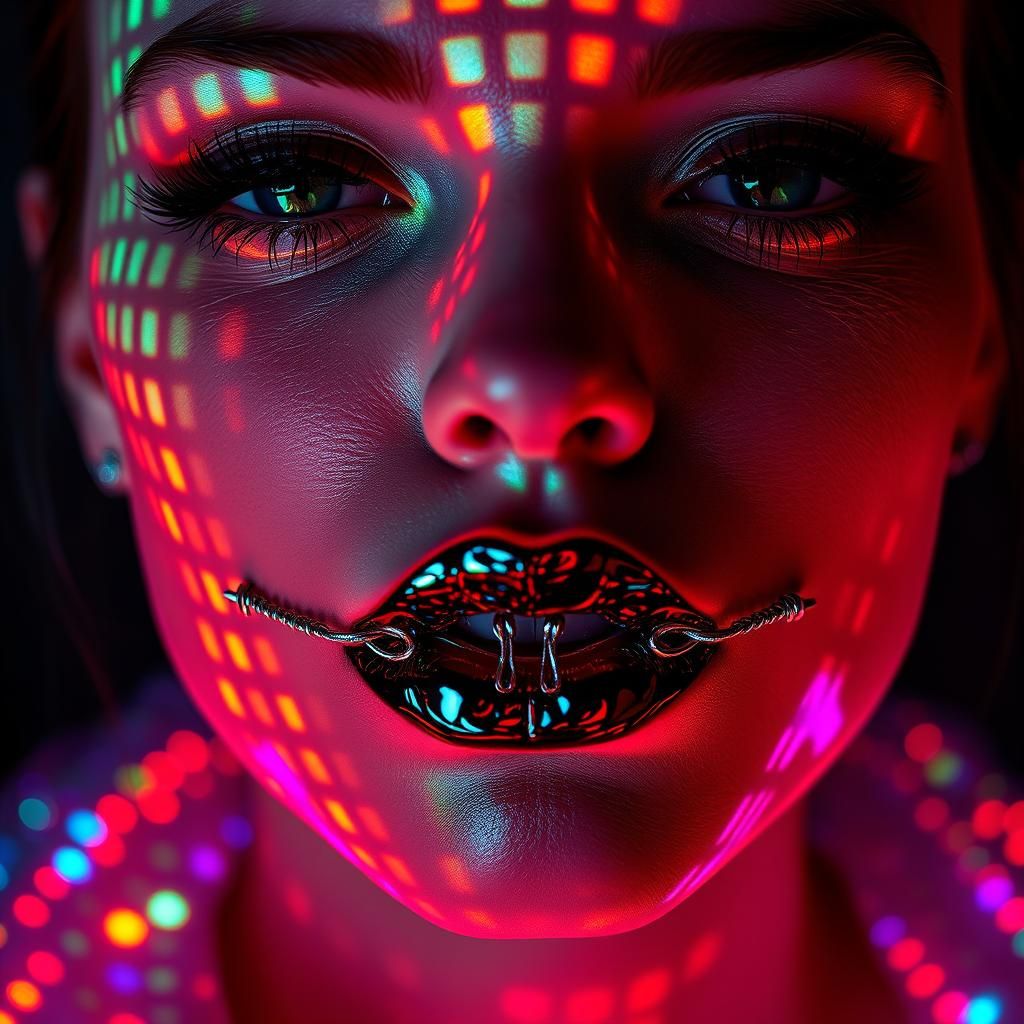 Cyberpunk Portrait: Woman with Stitched Lips and Holographic...