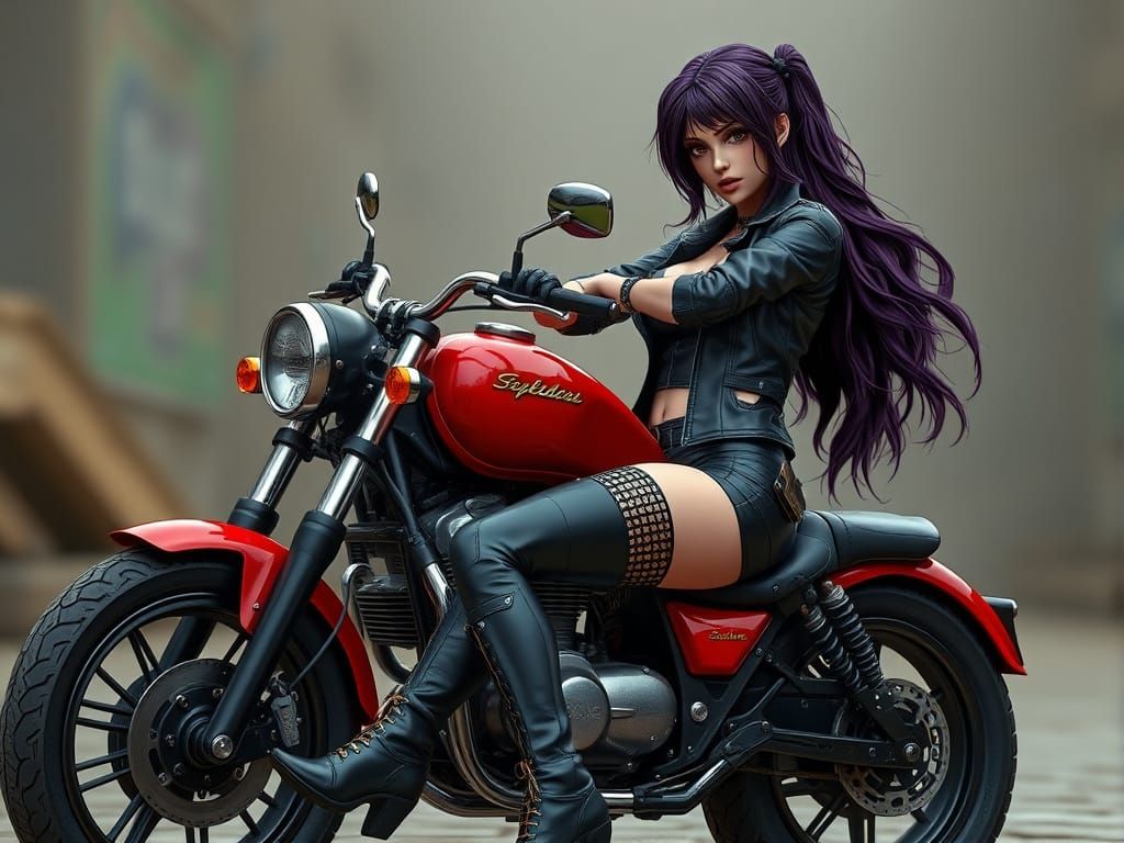 Gorgeous Biker Girl on Red Motorcycle