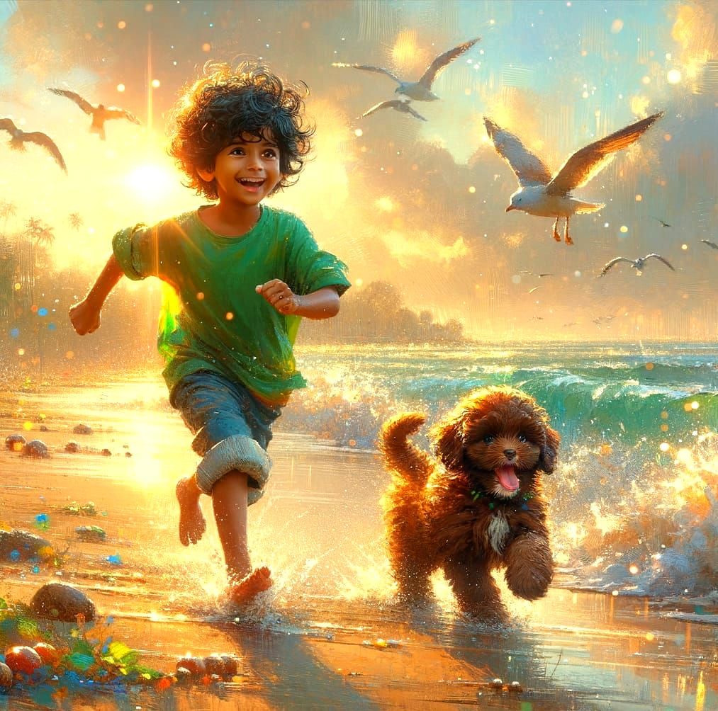 Boy and Puppy Run on Dreamy Beach