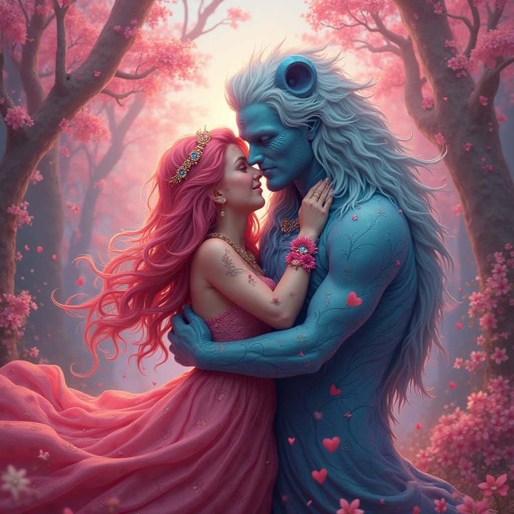 Fantastical Valentine's Day Embrace in Vibrant Matte Paintin...