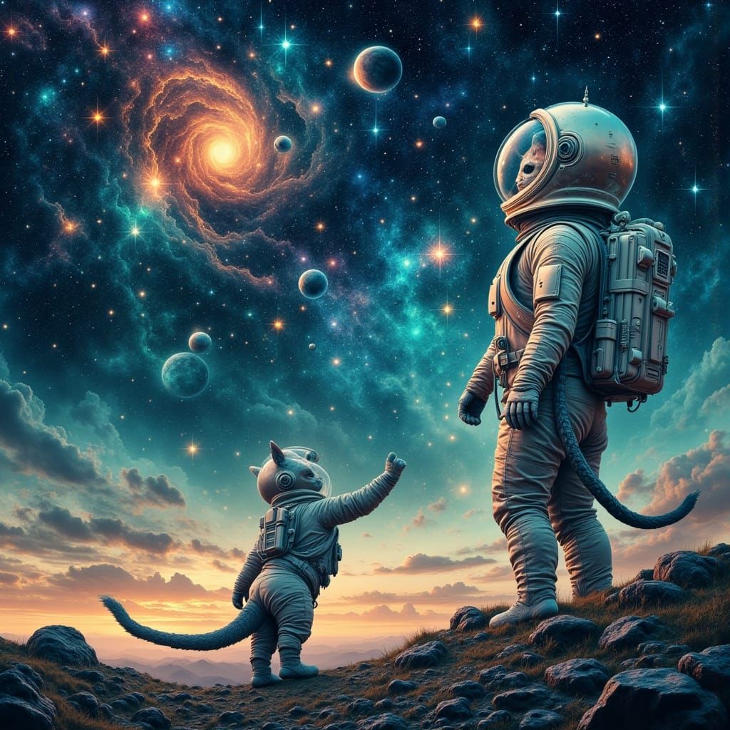 Serene Space Cats Explore Galaxy in Dreamy, Ethereal Style