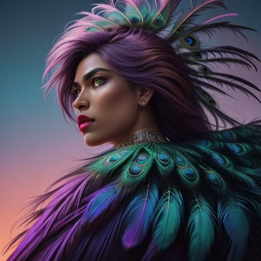 Peacock Haired Woman in Hyperrealistic Digital Art