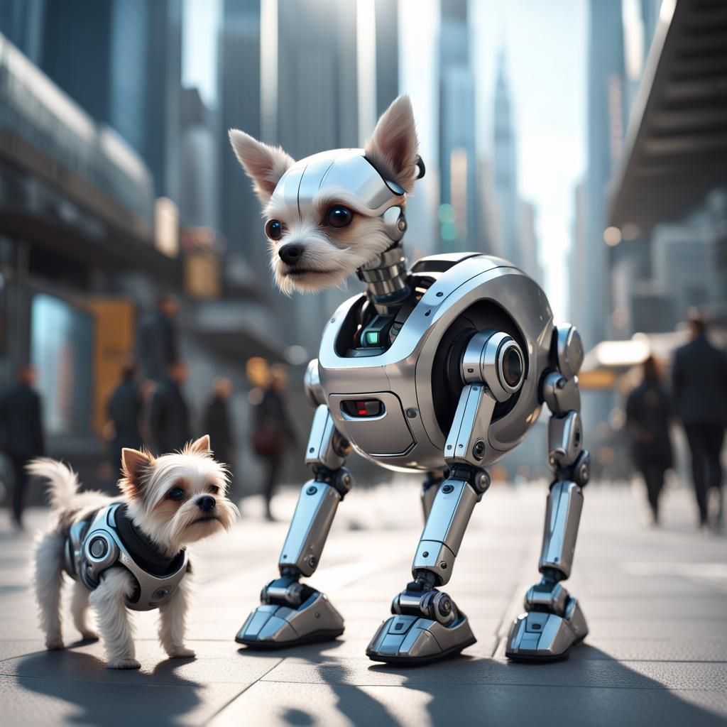Robot Walks Dog in Futuristic City: Photorealistic Art