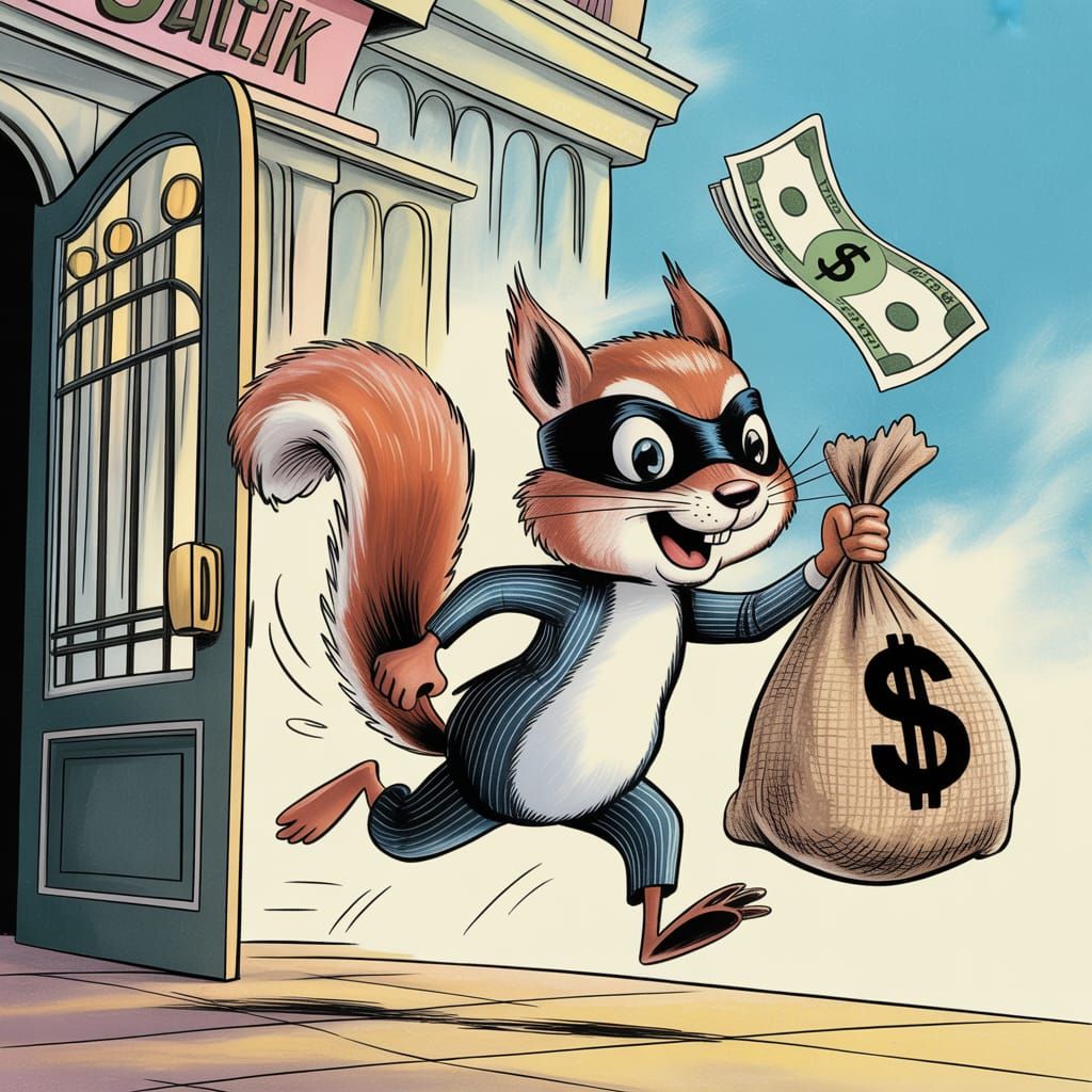 Cartoon Squirrel Burglar Escaping Bank with Loot
