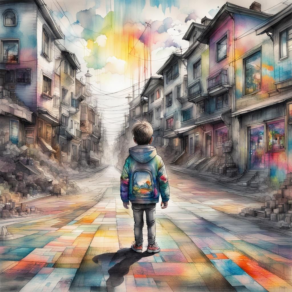 Children in Glitch Art Digital Landscape