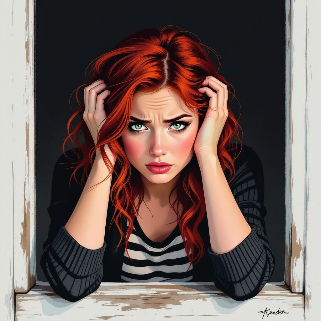 Red Haired Woman Gazes Through Window in Ink Illustration