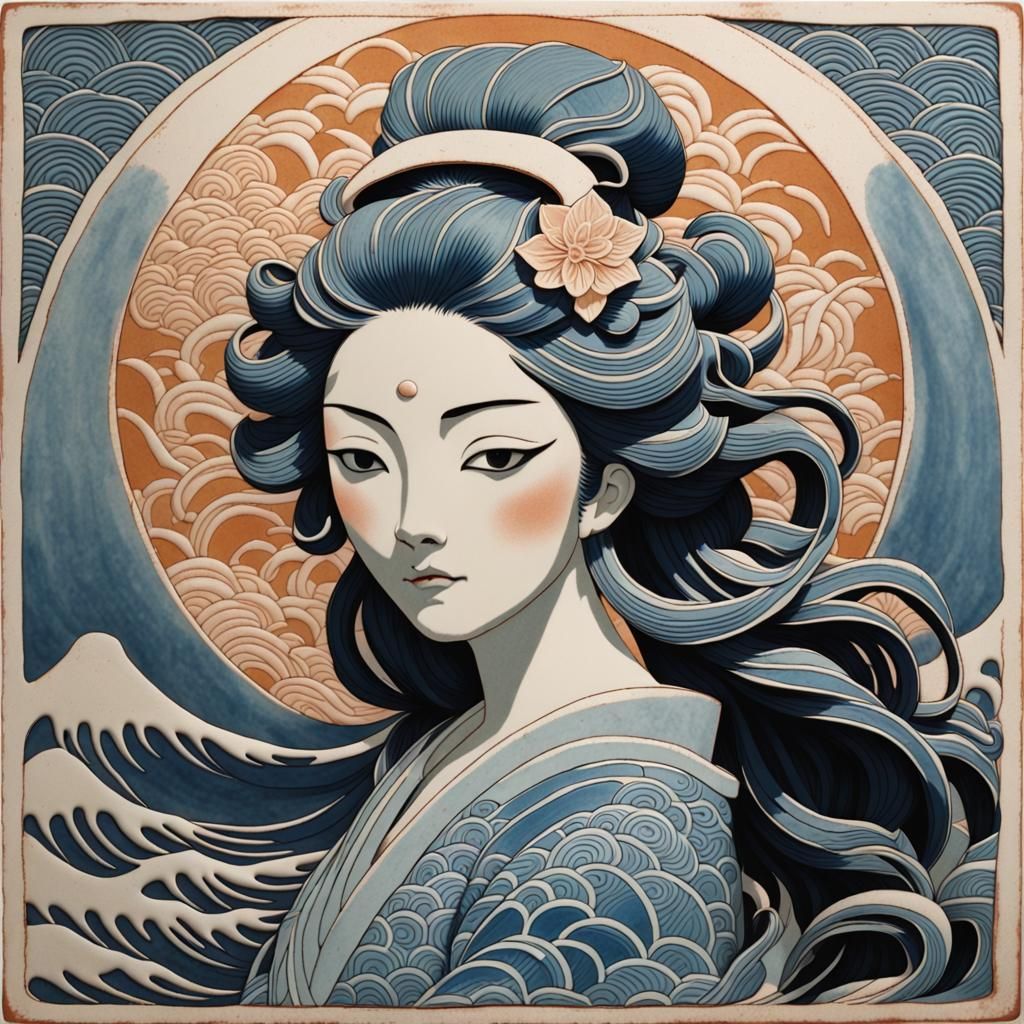 Sea Goddess in Ukiyo-e Style Ceramic Decoration