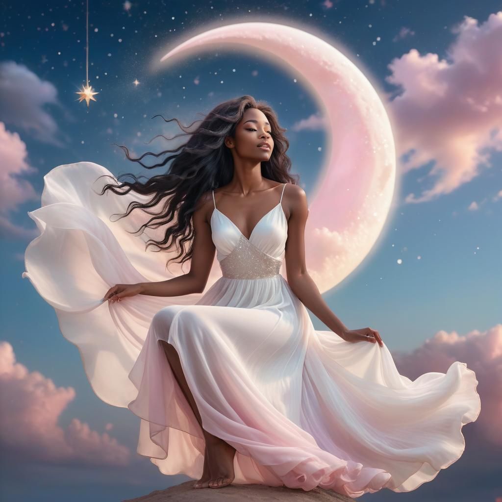Dreamy Woman on Moon in Ethereal Sky